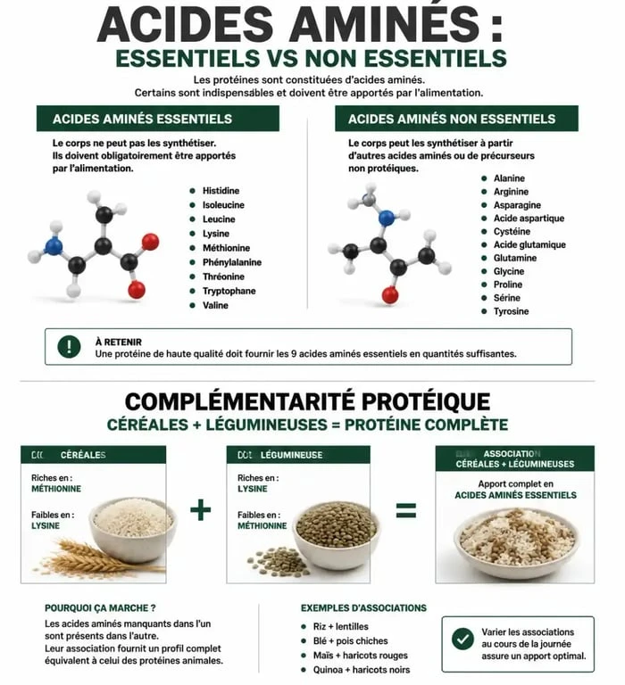 Infographie sur les acides aminés essentiels et les sources alimentaires pour une alimentation équilibrée