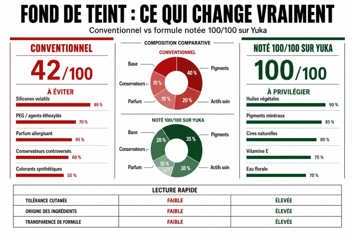 Infographie comparative des ingrédients pour choisir le meilleur fond de teint Yuka