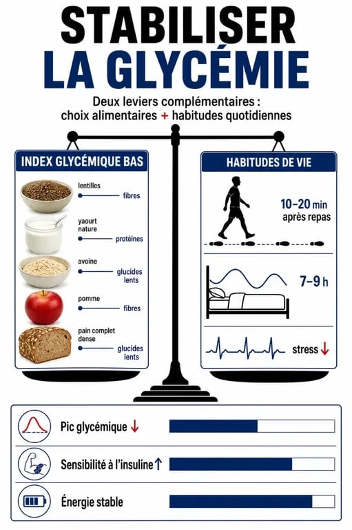 Infographie sur comment faire baisser la glycémie naturellement par l'alimentation et l'hygiène de vie