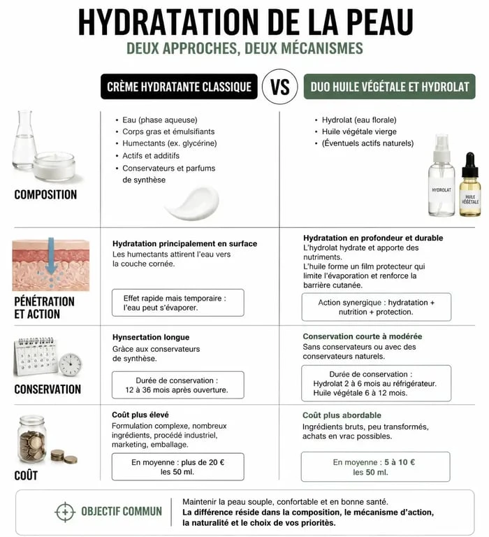 Infographie comparative des méthodes d'hydratation pour apprendre comment hydrater sa peau sans crème