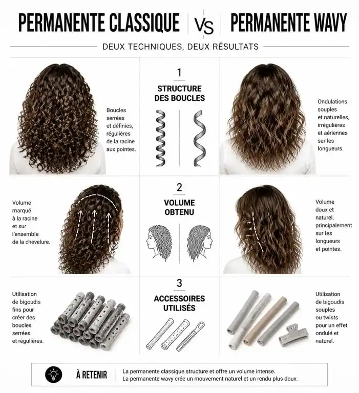 Infographie comparative permanente classique vs permanente wavy pour choisir sa technique de coiffure
