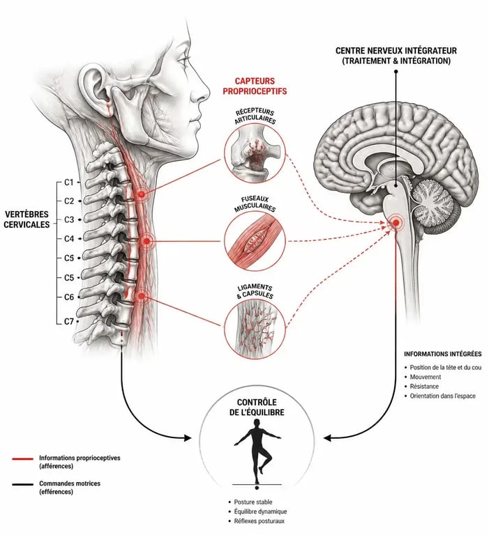 Schéma explicatif des vertiges dus aux cervicales et du mécanisme de l'équilibre