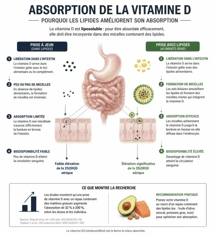 Infographie sur l'absorption de la vitamine D : pourquoi prendre la vitamine D le soir avec des graisses pour une meilleure efficacité.