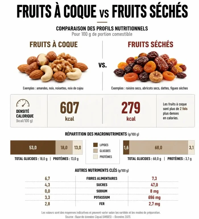 Infographie comparative des apports nutritionnels et caloriques des fruits secs pour la gestion du poids