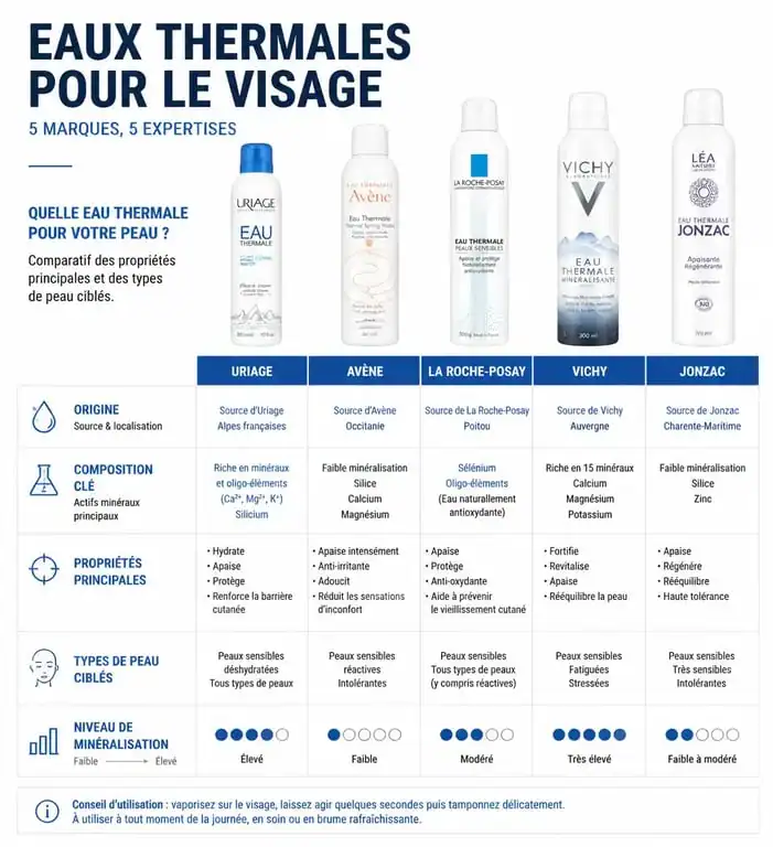 Infographie comparative des meilleures eaux thermales pour le visage selon le type de peau