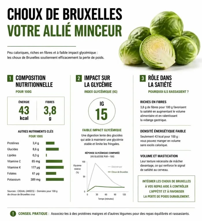 Infographie sur les bienfaits des choux de Bruxelles pour maigrir et leur composition nutritionnelle