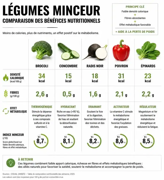 Infographie des meilleurs légumes pour maigrir et leurs bienfaits nutritionnels pour la perte de poids