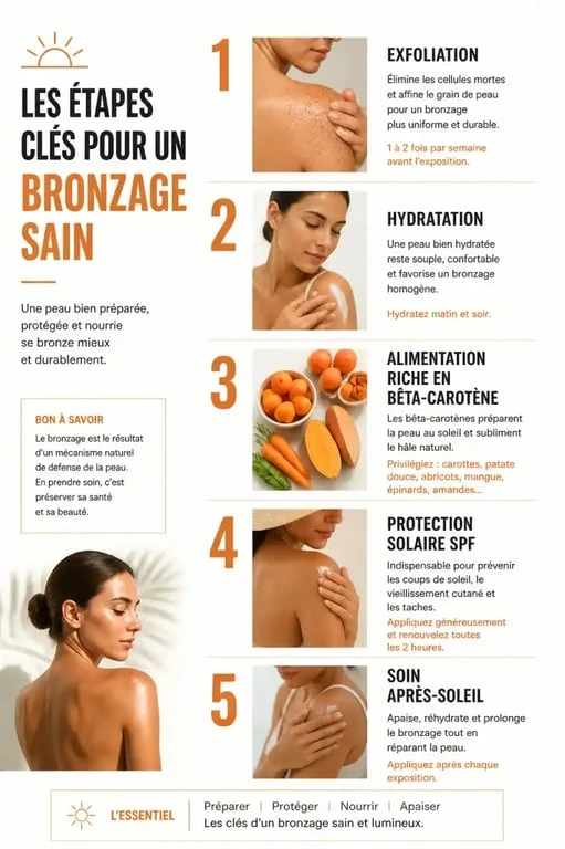 Infographie des étapes pour bronzer vite et en toute sécurité : préparation, alimentation et protection solaire.