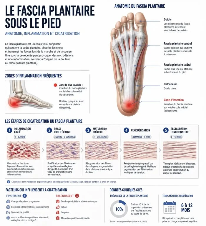 Schéma anatomique de l'aponévrosite plantaire et étapes de guérison pour un arrêt de travail