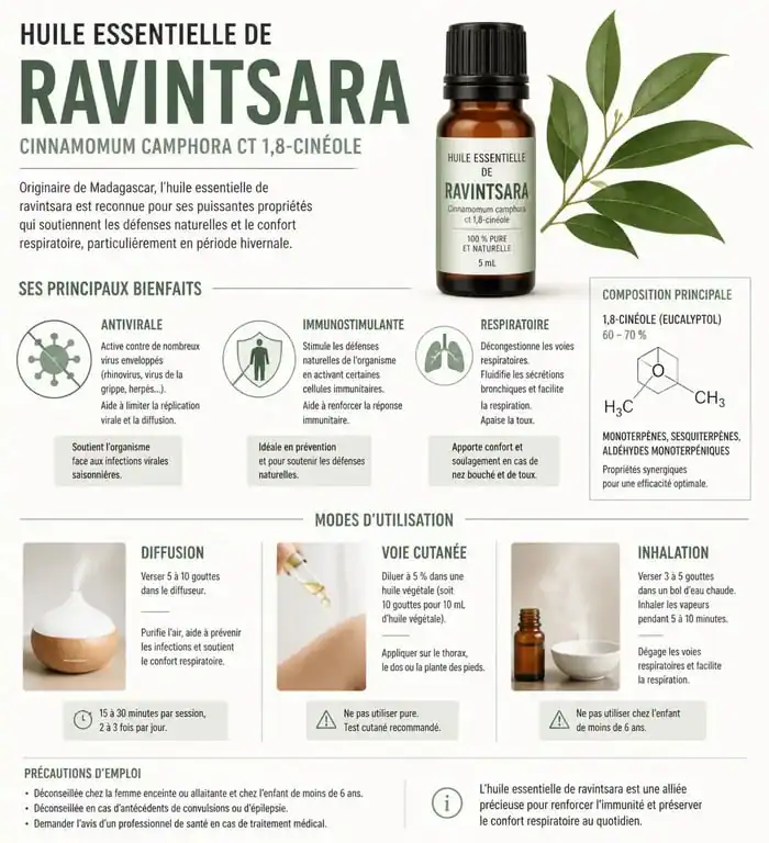 Infographie des bienfaits et usages de l'huile essentielle de ravintsara pour la santé