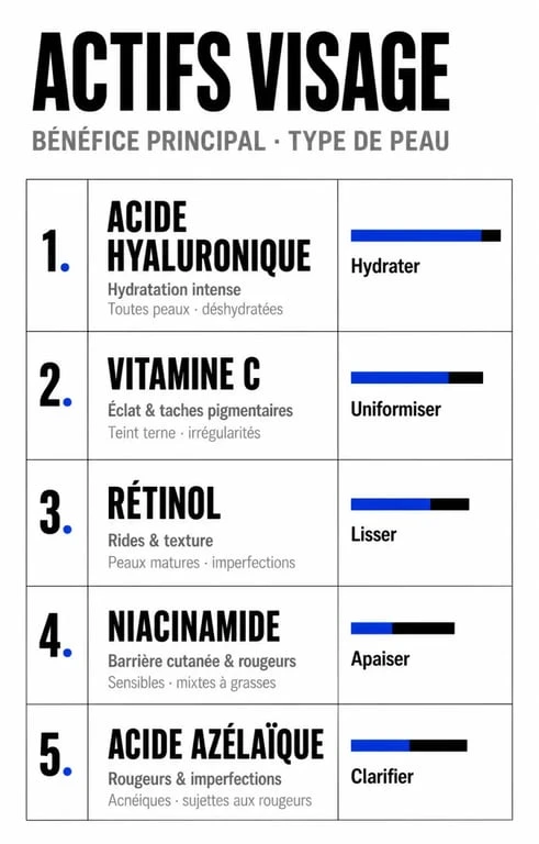Infographie des actifs cosmétiques pour choisir son sérum visage selon son type de peau
