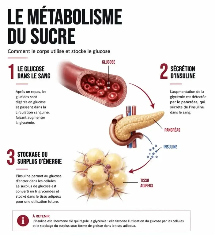 Schéma explicatif du métabolisme du sucre et de l'insuline : comprendre si le sucre fait grossir