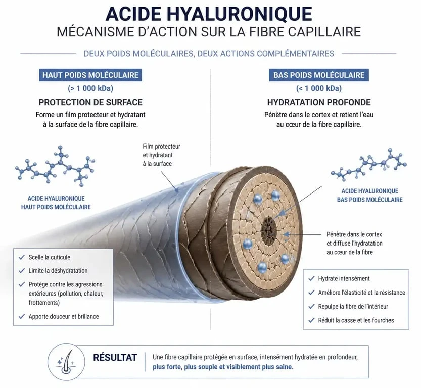 Schéma explicatif de l'action de l'acide hyaluronique sur les cheveux : hydratation et protection
