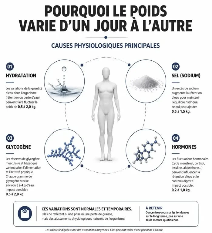 Infographie expliquant les causes des variations de poids quotidiennes et pourquoi se peser tous les jours peut être trompeur.