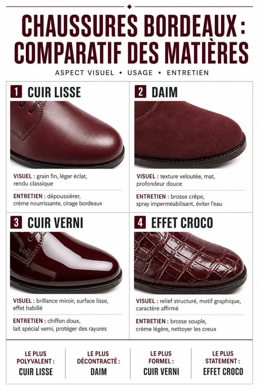 Infographie comparative des matières pour chaussures bordeaux femme : cuir, daim, verni et croco