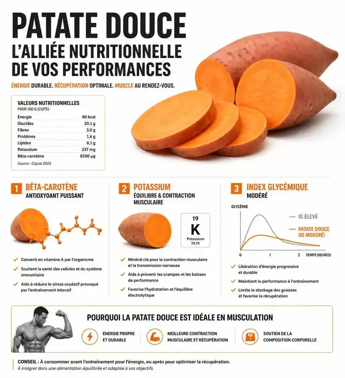 Infographie des bienfaits nutritionnels de la patate douce pour la musculation