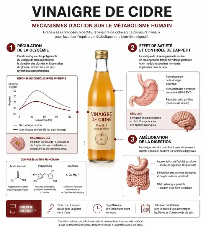 Infographie sur les mécanismes d'action du vinaigre de cidre pour la perte de poids et la santé métabolique