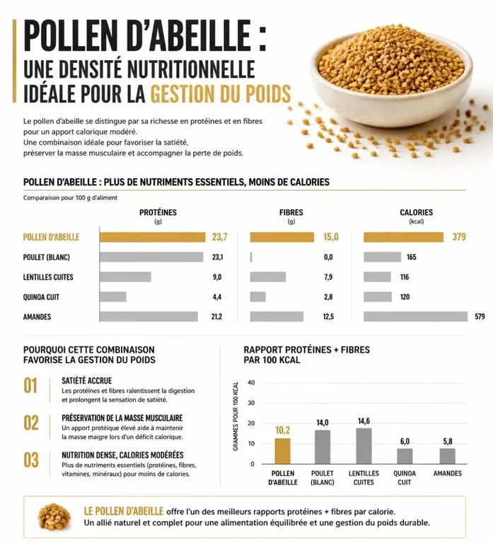 Infographie sur les bienfaits nutritionnels du pollen et son impact sur le poids corporel