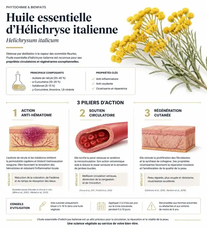 Infographie des bienfaits et propriétés de l'huile essentielle d'hélichryse italienne pour la santé et la peau