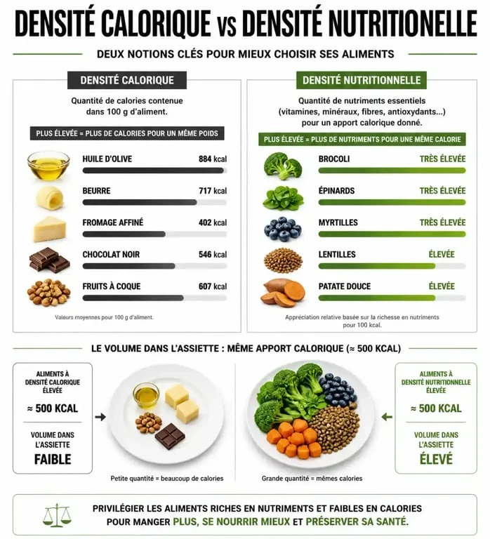 Infographie sur la nutrition pour perdre du poids : densité calorique et densité nutritionnelle
