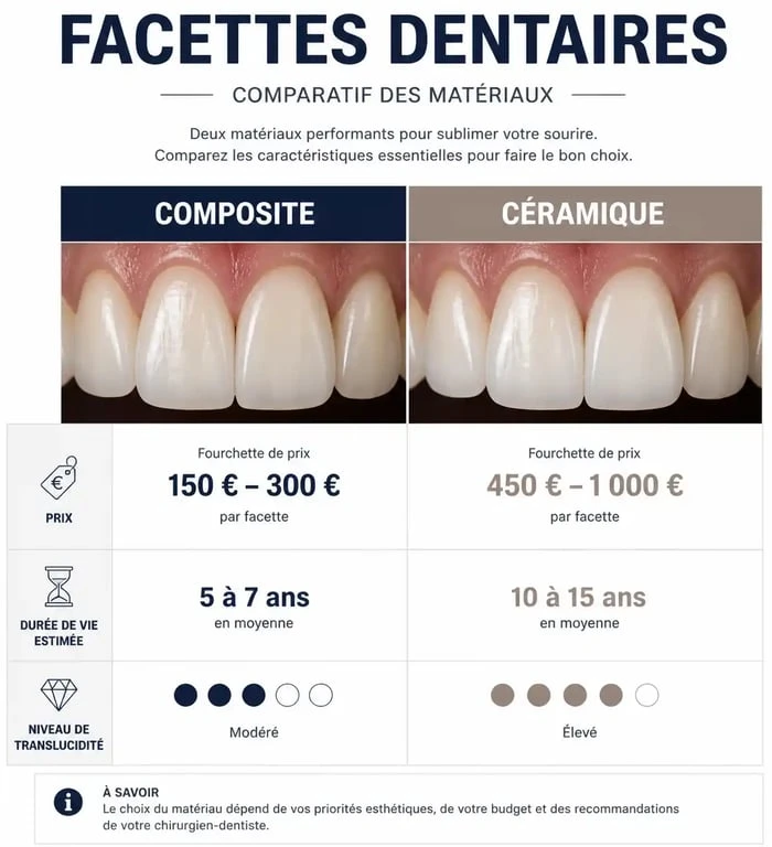 Comparatif des prix et caractéristiques des facettes dentaires en composite et céramique