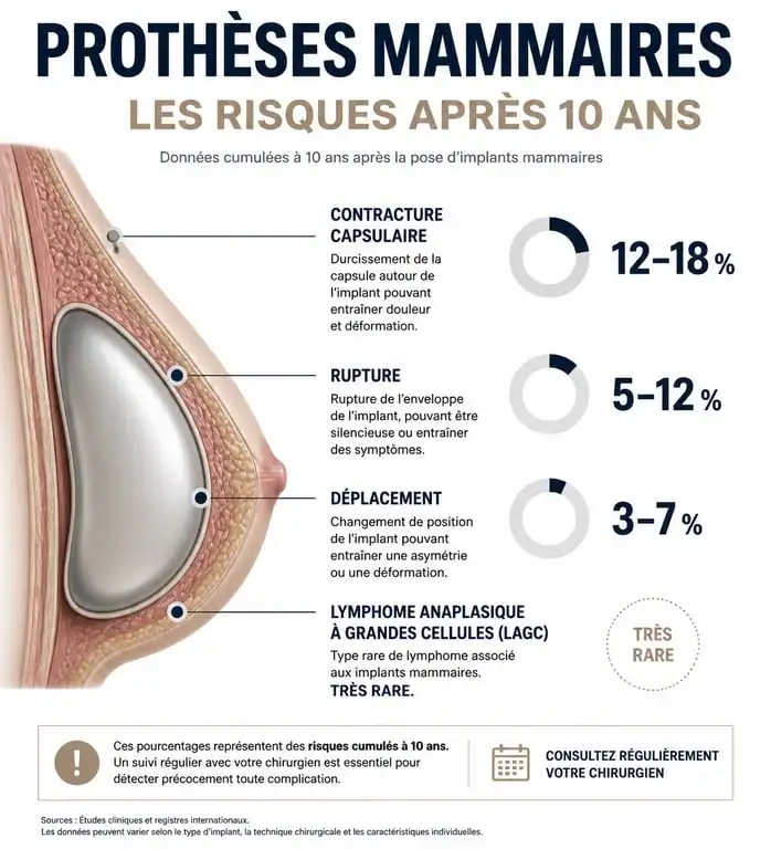 Infographie des risques de complications des prothèses mammaires après 10 ans : contracture capsulaire, rupture et lymphome.
