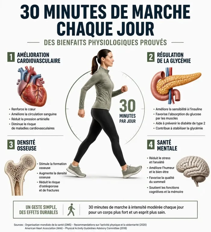 Infographie sur les bienfaits santé de la marche 30 minutes par jour