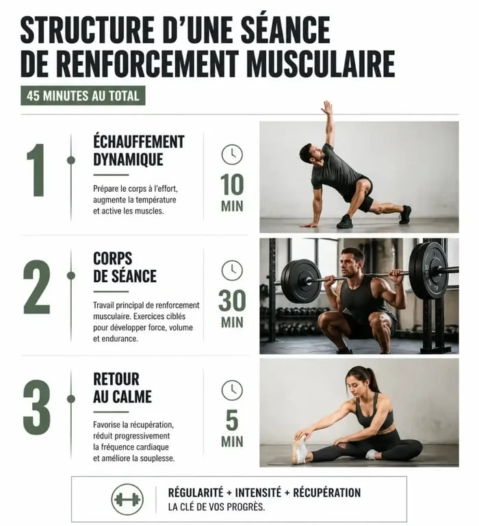 Infographie illustrant la structure d'une séance de renforcement musculaire efficace