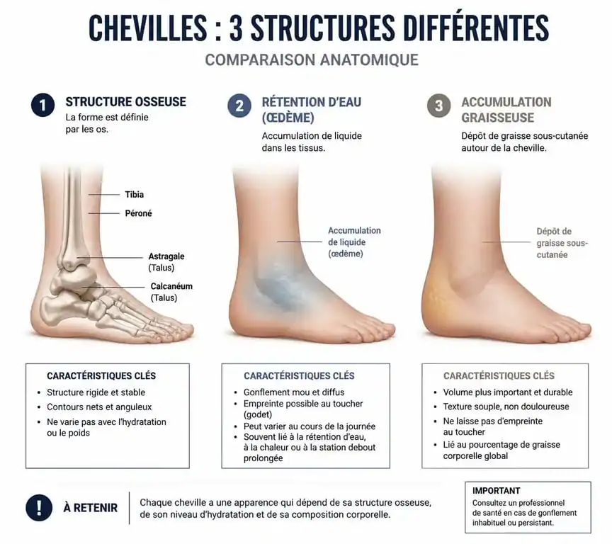 Schéma explicatif des causes de chevilles épaisses : morphologie osseuse, rétention d'eau et stockage graisseux pour comprendre comment affiner ses chevilles.