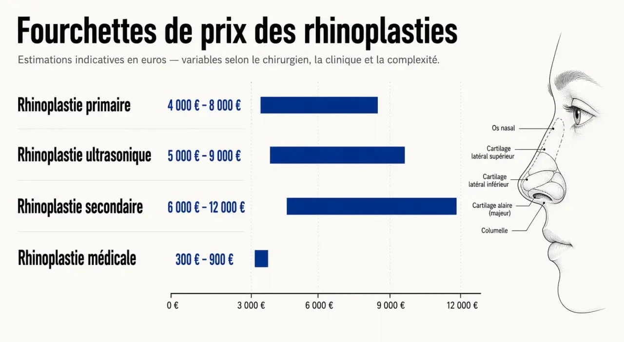 Tableau comparatif des prix d'une rhinoplastie en France selon le type d'intervention