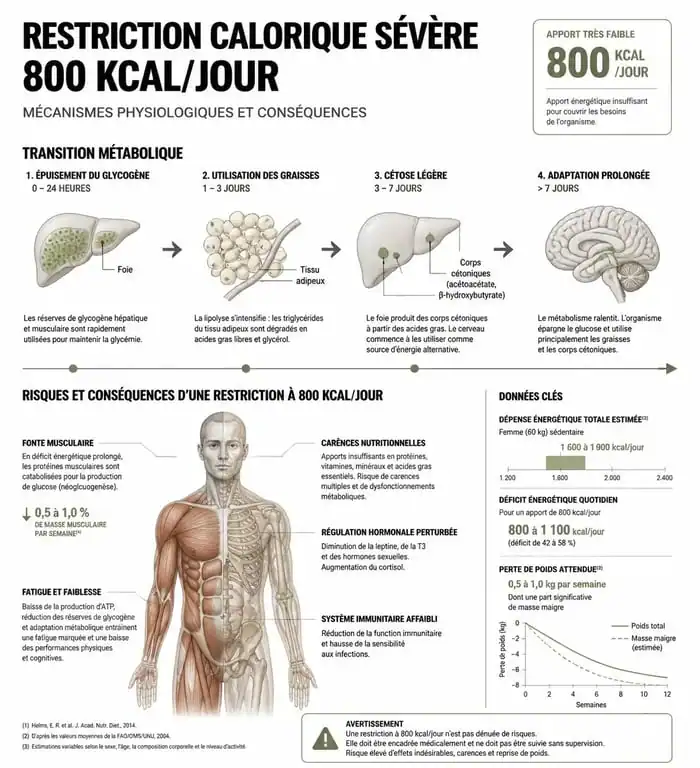 Infographie sur les effets physiologiques et les risques d'un régime à 800 calories par jour sur l'organisme