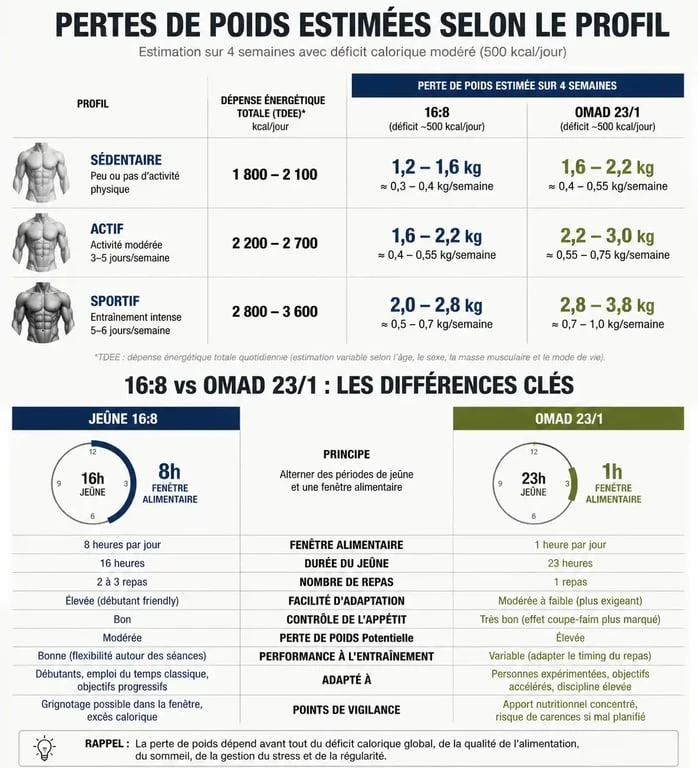 Infographie comparant la perte de poids avec le régime 1 repas par jour OMAD selon le profil et la méthode