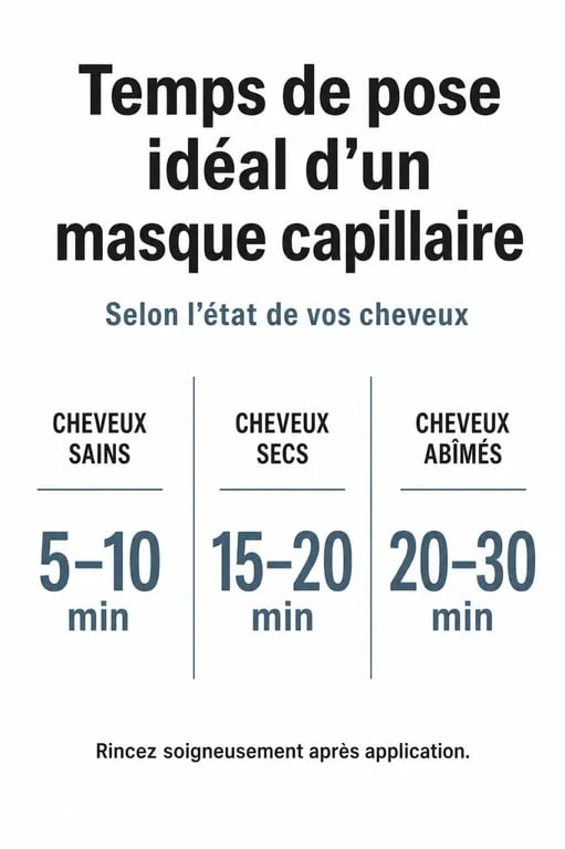 Infographie sur le temps de pose idéal d'un masque cheveux selon le type de fibre capillaire