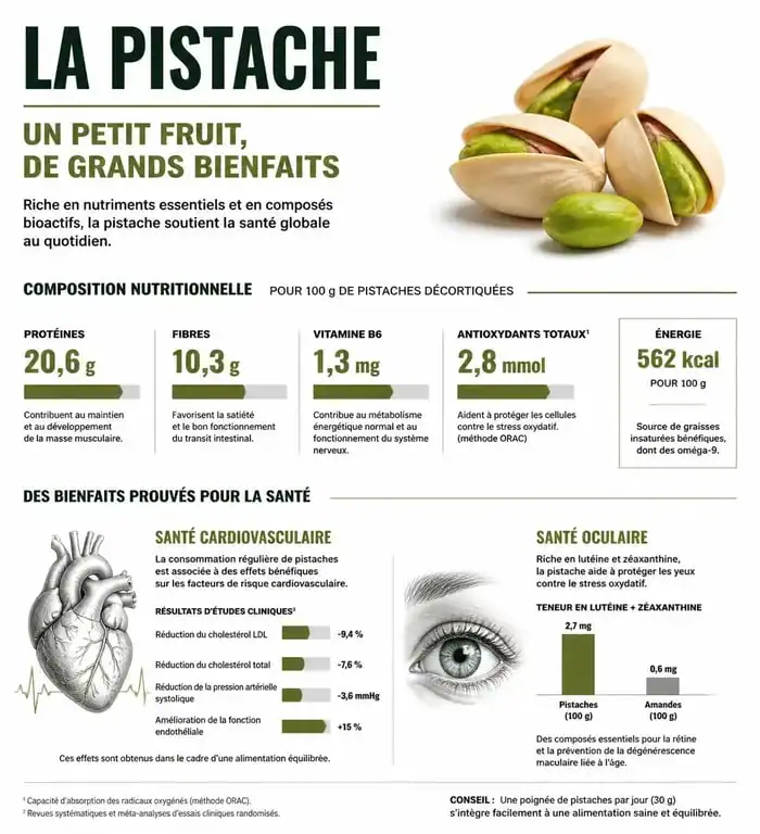 Infographie sur les bienfaits santé de la pistache et sa valeur nutritionnelle
