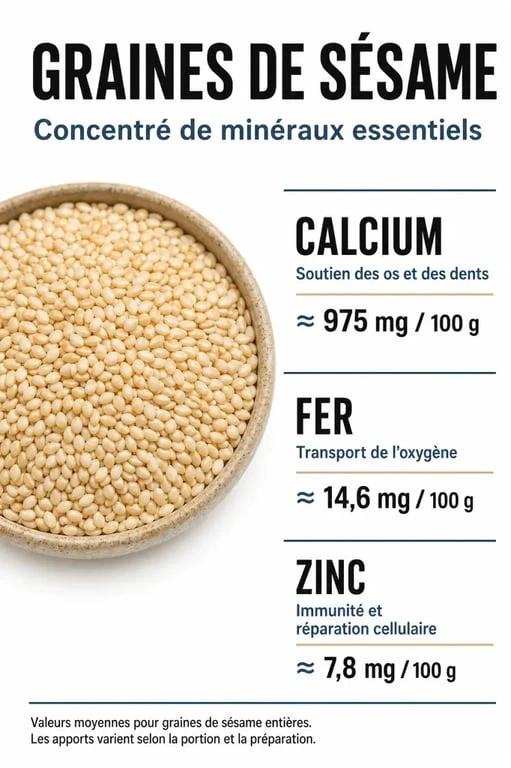 Infographie des bienfaits nutritionnels et apports en minéraux des graines de sésame