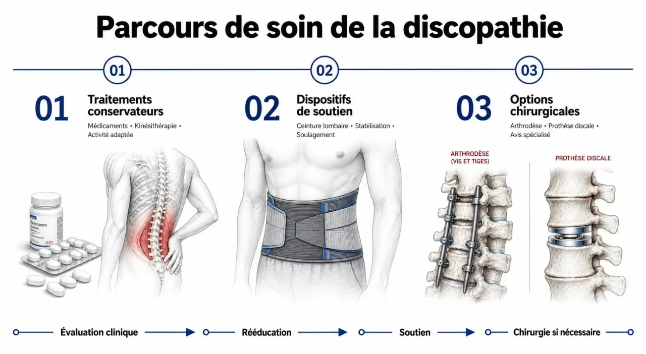 Infographie sur les options de traitement de la discopathie : du conservateur à la chirurgie