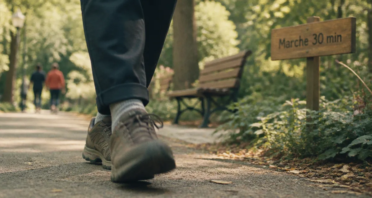 Marche 30 minutes par jour : chaussures sur trottoir, parc au fond