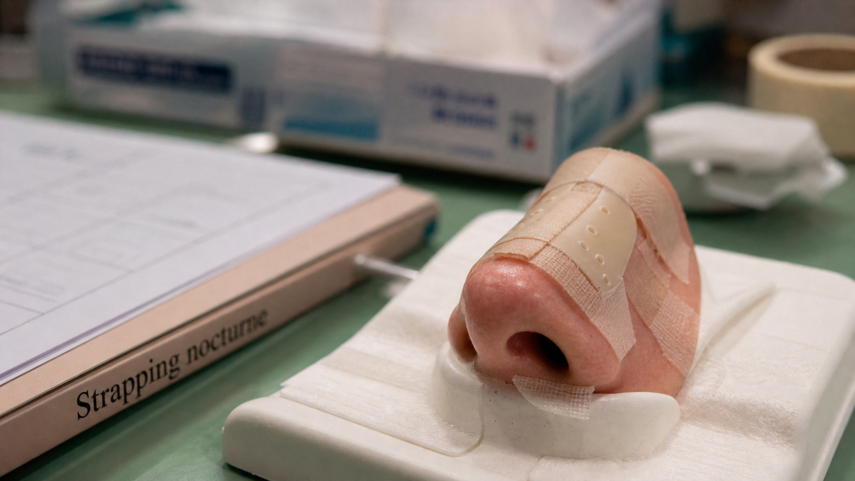 Rhinoplastie pansement et strapping nocturne : nez sous compression pour cicatrisation
