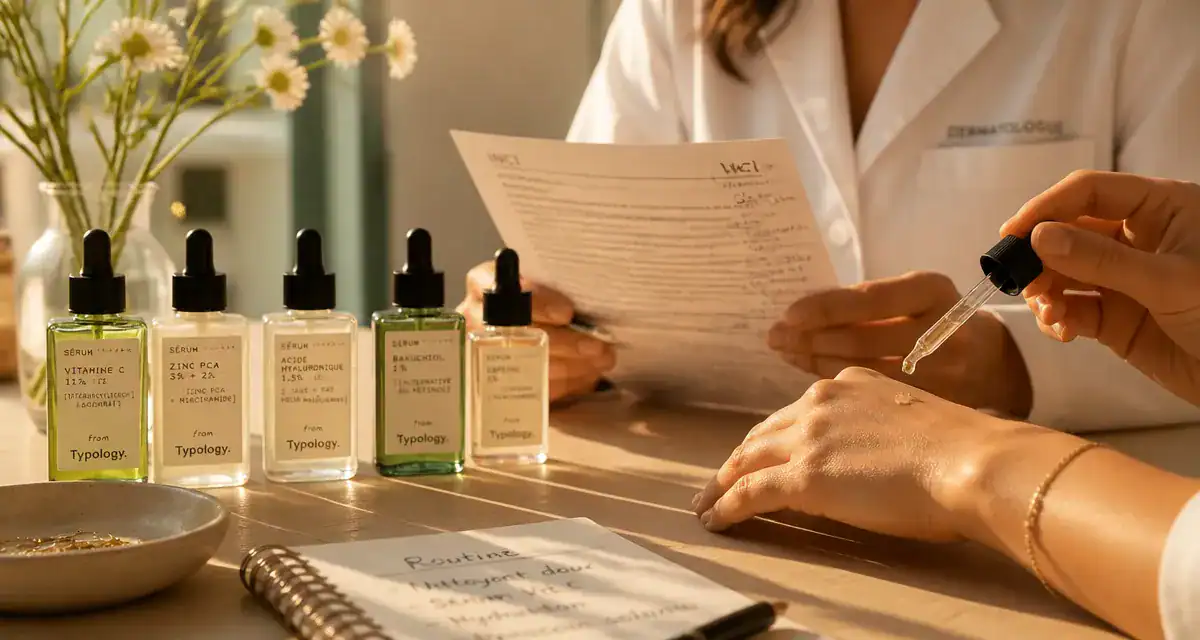 typology avis dermatologue flacons sur table bois