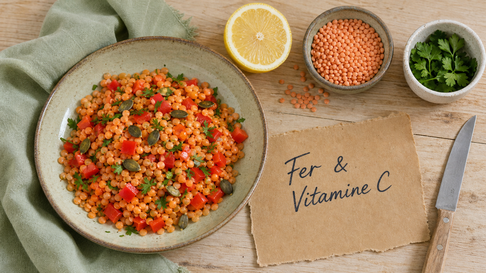 Aliment pour manque de fer : lentilles corail et vitamine C au citron