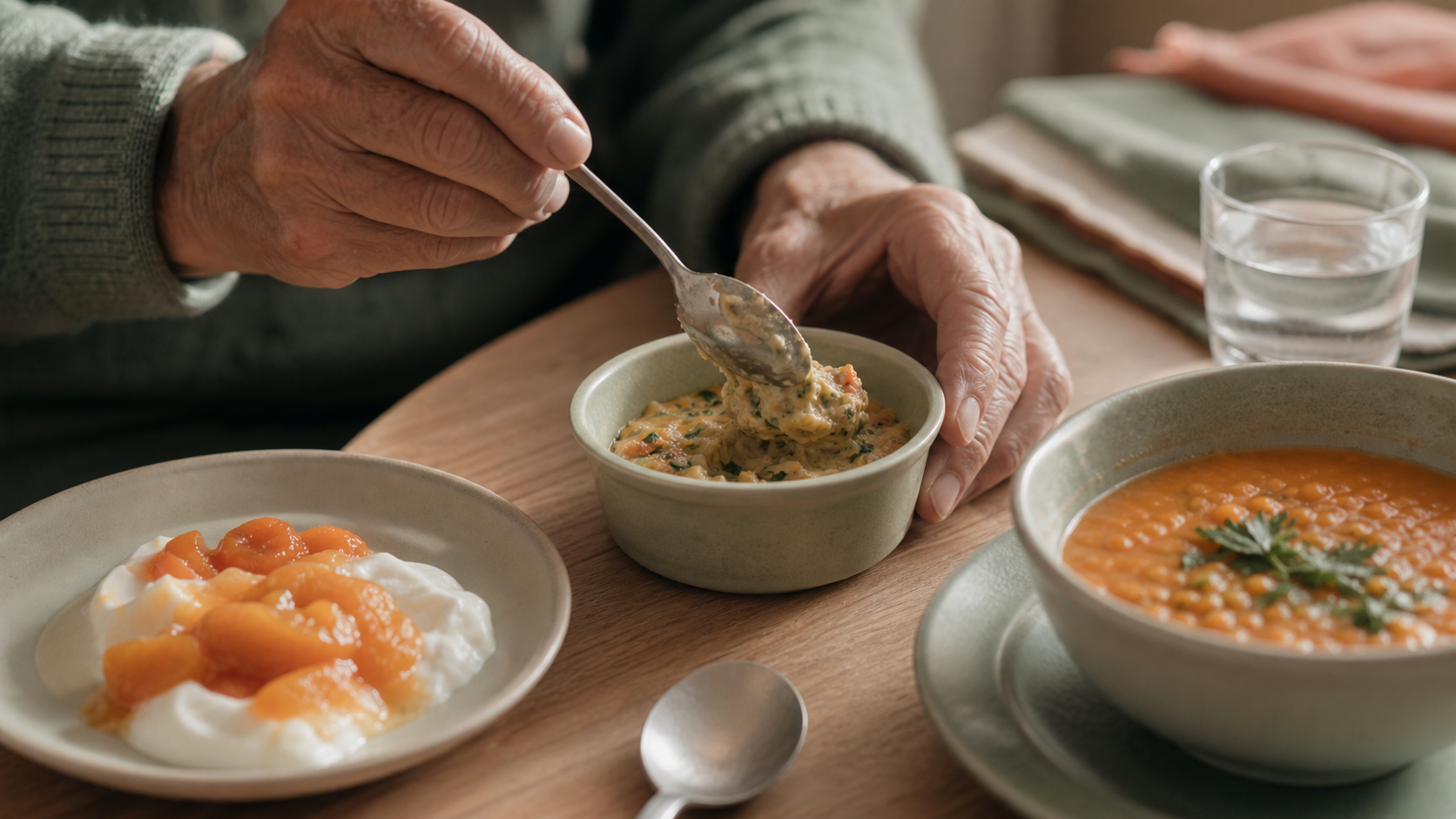 Aliments riches en proteines pour personnes agees : repas 25 à 35 g, flan salé et soupe de lentilles