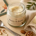 Beurre de karité utilisation : pot en verre et noisette de beurre sur tissu