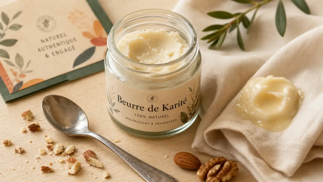 Beurre de karité utilisation : pot en verre et noisette de beurre sur tissu