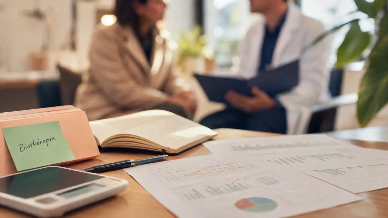 Biothérapie et perte de poids : carnet et balance numérique sur table