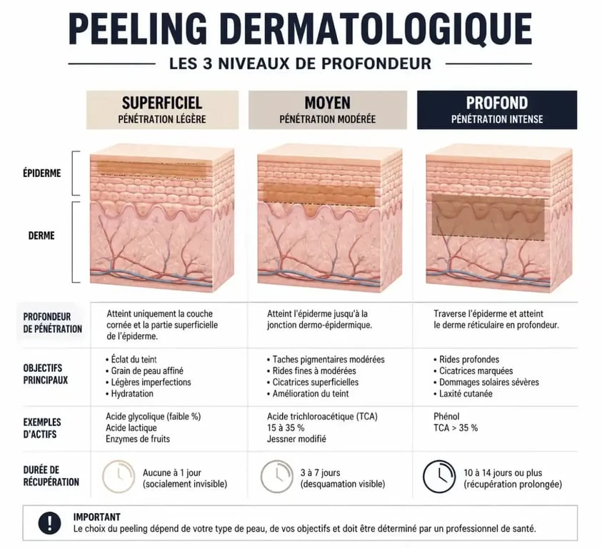 Infographie comparative des trois types de peelings : superficiel, moyen et profond pour le soin de la peau
