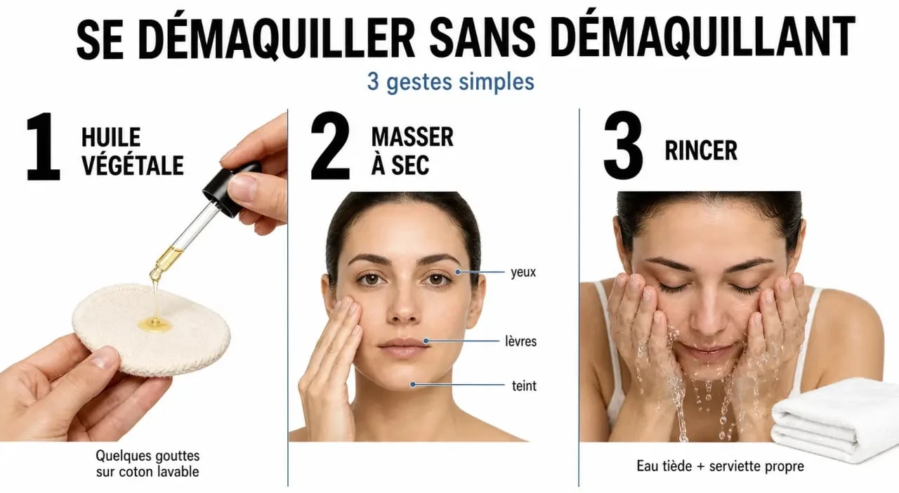 Comment se démaquiller sans démaquillant : étapes simples avec huile végétale, coton lavable et eau tiède