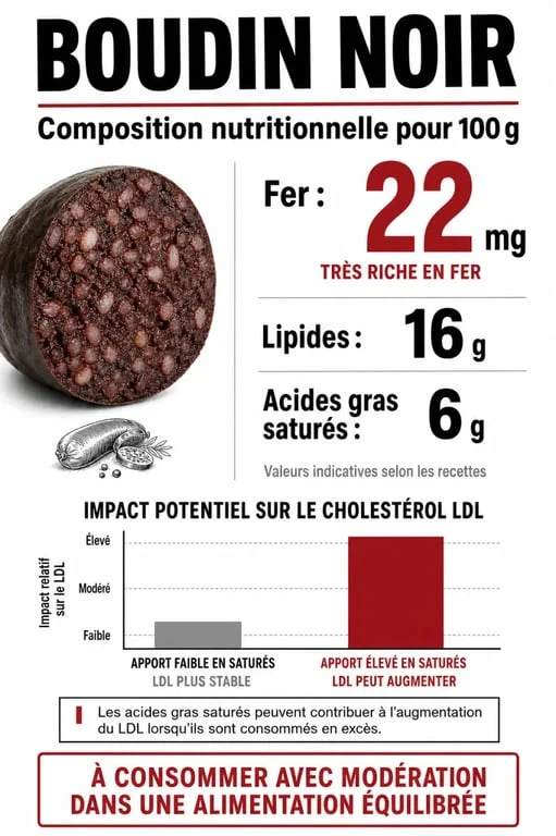 Infographie nutritionnelle sur le boudin noir et le cholestérol : apports en fer et lipides