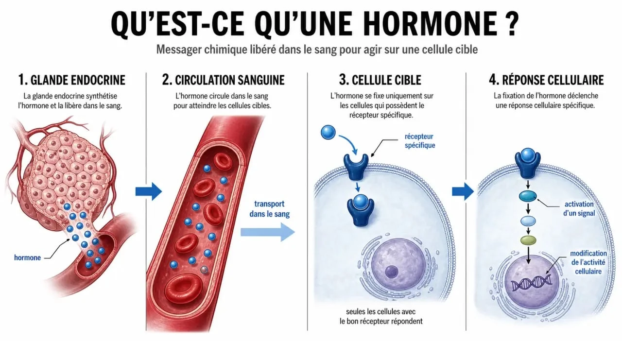 Schéma sur qu est ce qu une hormone montrant une glande endocrine, le sang et une cellule cible