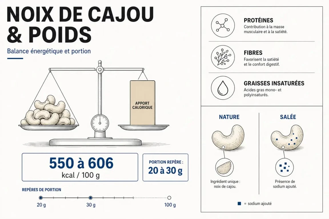 Noix de cajou fait grossir : infographie sur les calories, la portion et l'équilibre énergétique
