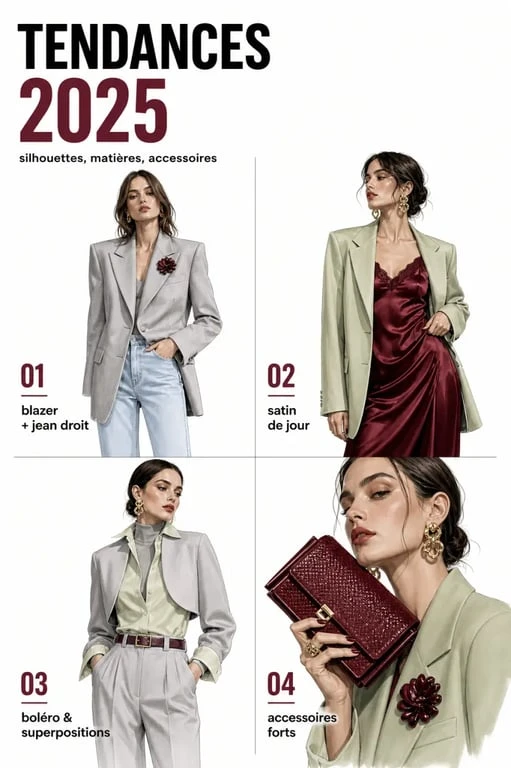 Tendance mode 2025 : silhouettes éditoriales avec blazer structuré, satin, boléro et accessoires forts